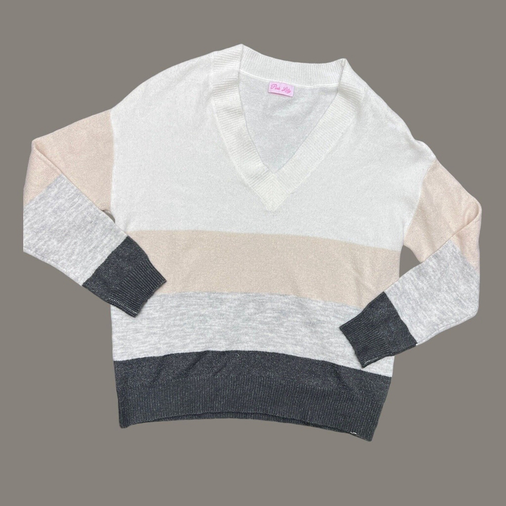 Pink Lily Colorblock Oversized Sweater Medium White Gray